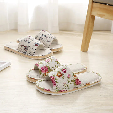 Four Season Linen Home Slippers – Women’s Indoor Non-Slip Floral Slides with Cartoon Cat Design