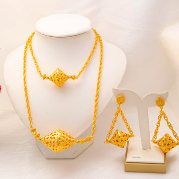 Indian 24K Gold Color Necklace Earrings Jewelry Sets Nigerian Party Bridal Wedding Women