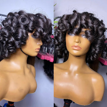 Bouncy Curly Human Hair Wig with Bangs – Pixie Cut Bob, Loose Wave 100% Remy Machine-Made Wig (200% Density)