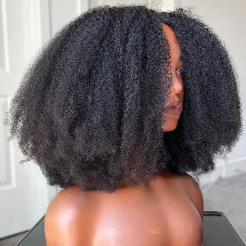 Afro Kinky Curly V Part Wig Human Hair 200% Afro Curly V Part Wig 10-24 Inch Full Machine Made Remy Hair V Part Wig For Women