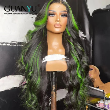Highlight Green Human Hair 13x4 Lace Front Wigs For Women Green with Black Color Glueless Body Wave Lace Closure Wig Pre Plucked