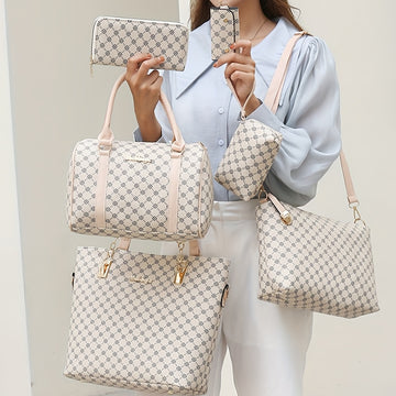 6pcss/set Designer Inspired PU Leather Keychain Wallet Set: Wristlet, Handbag, Crossbody, Tote, Duffle Bag