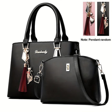 2pc Solid Color Trendy Shoulder Bag, Faux Leather Versatile Handle Handbagbag, Large Capacity Zipper Stylish Crossbody Bag