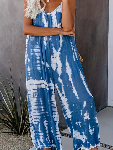 Women's Casual Tie-Dye Cami Jumpsuit - Sexy Wide Leg, Sleeveless, Vibrant Orange and Brown Print, Perfect for Spring/Summer/Fall