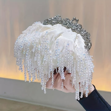 Beaded Crystal Evening Bag For Women, Tassel Decor Kiss Lock Clutch Purse, Elegant Satin Handbags For Wedding Prom Party