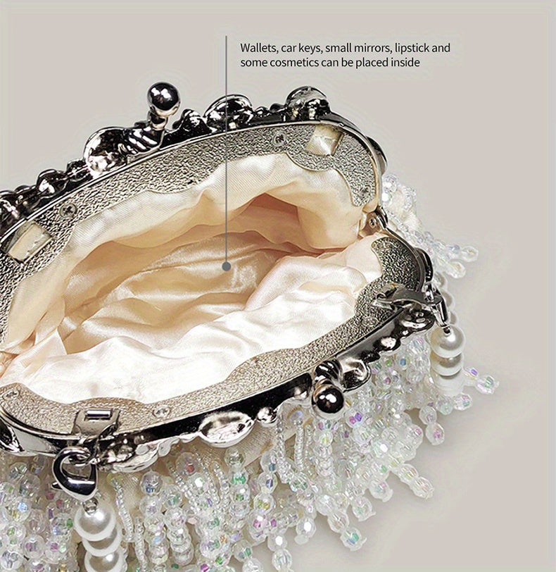 Beaded Crystal Evening Bag For Women, Tassel Decor Kiss Lock Clutch Purse, Elegant Satin Handbags For Wedding Prom Party