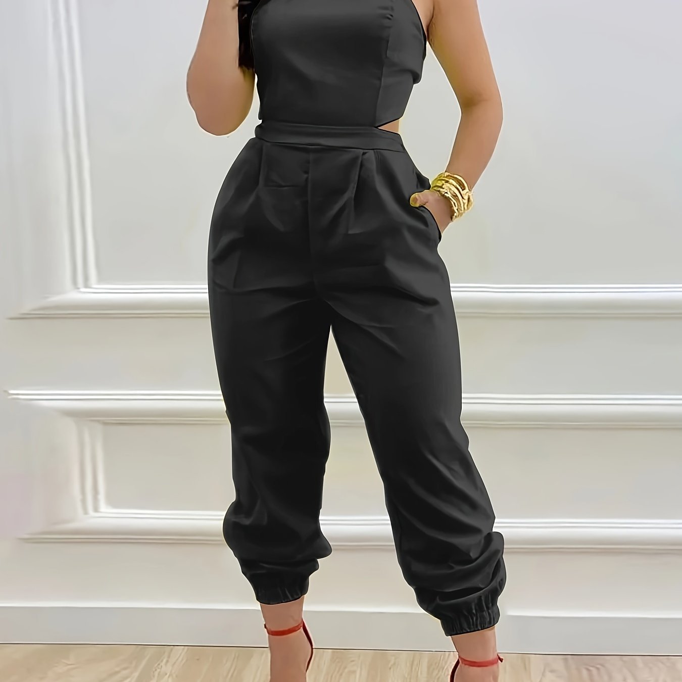 Chic Backless Jumpsuit with Slant Pockets - Casual Women's Wear