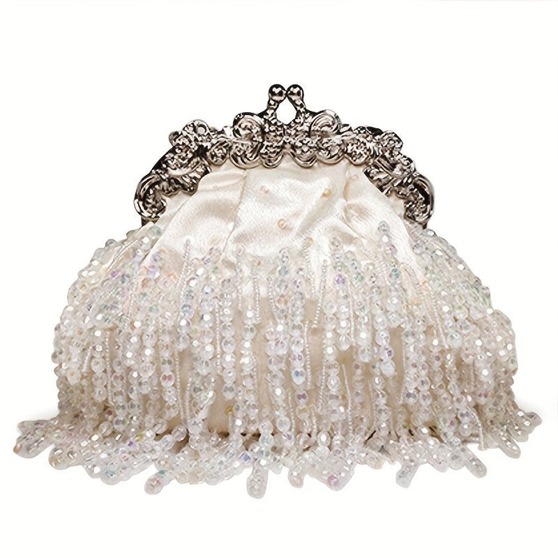 Beaded Crystal Evening Bag For Women, Tassel Decor Kiss Lock Clutch Purse, Elegant Satin Handbags For Wedding Prom Party