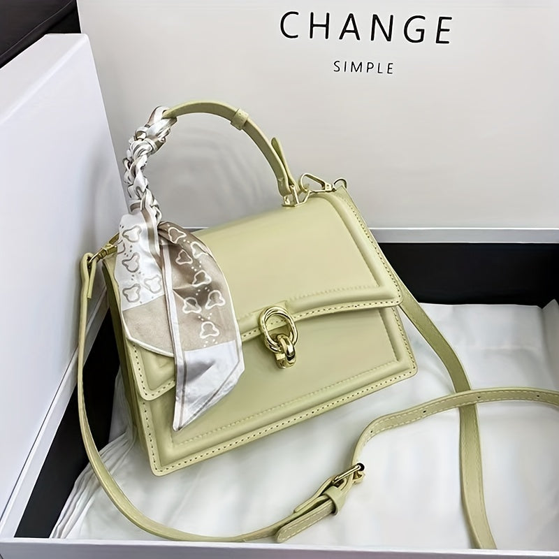 Handbag, Trendy Scarf Decor Crossbody Bag, Women's Small PU Leather Flap Purse