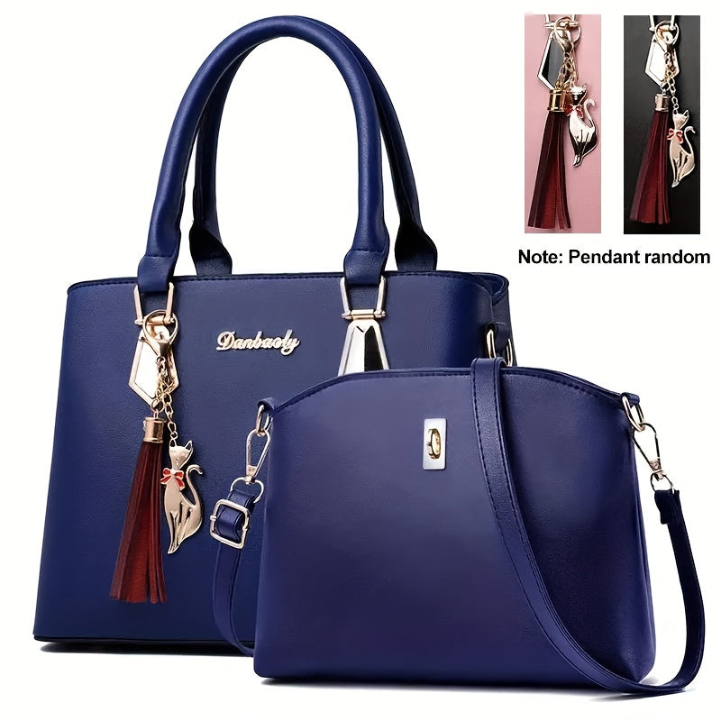 2pc Solid Color Trendy Shoulder Bag, Faux Leather Versatile Handle Handbagbag, Large Capacity Zipper Stylish Crossbody Bag