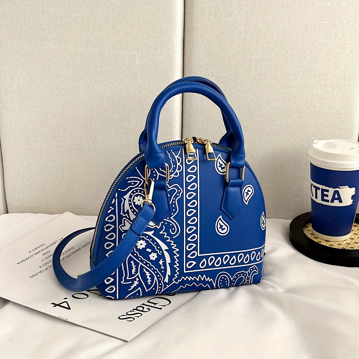 Versatile Dome Shoulder Bag, Portable Double Handle Stylish Handbag, Zipper Faux Leather Trendy Crossbody Bag