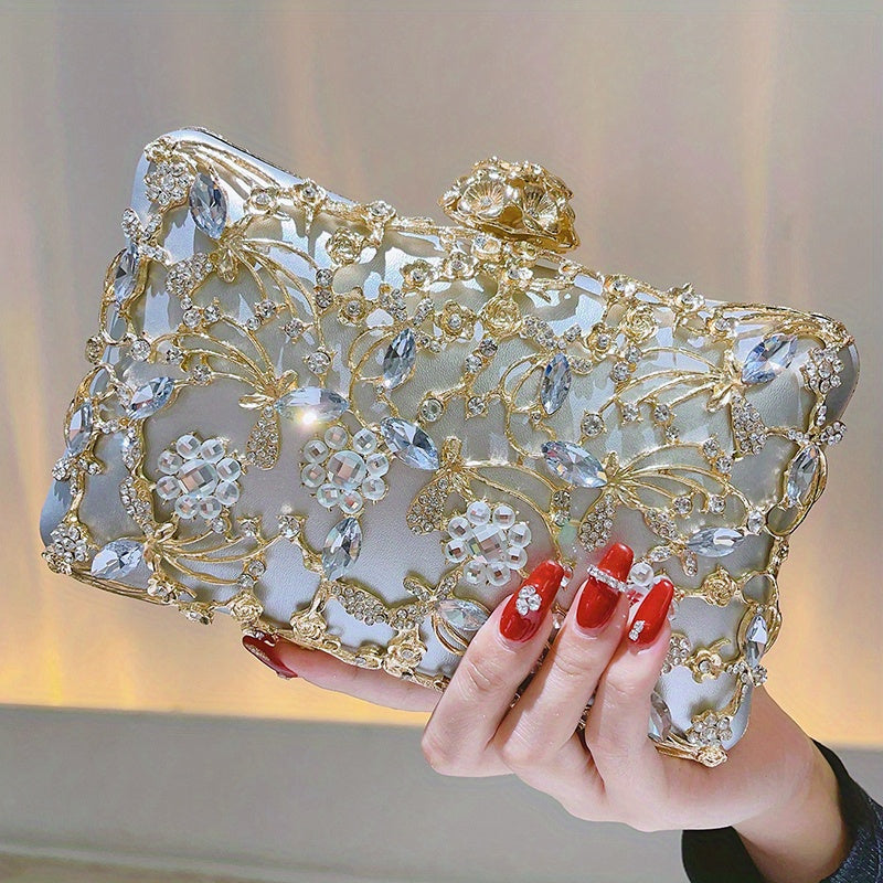 Elegant Hollow Rhinestone Women's Evening Bag, Box Clutch Purse for Party Prom Wedding