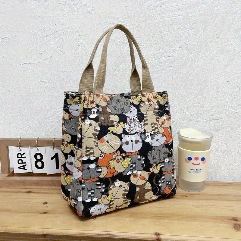 Cartoon Canvas Handbags with Cat Print for Work & School