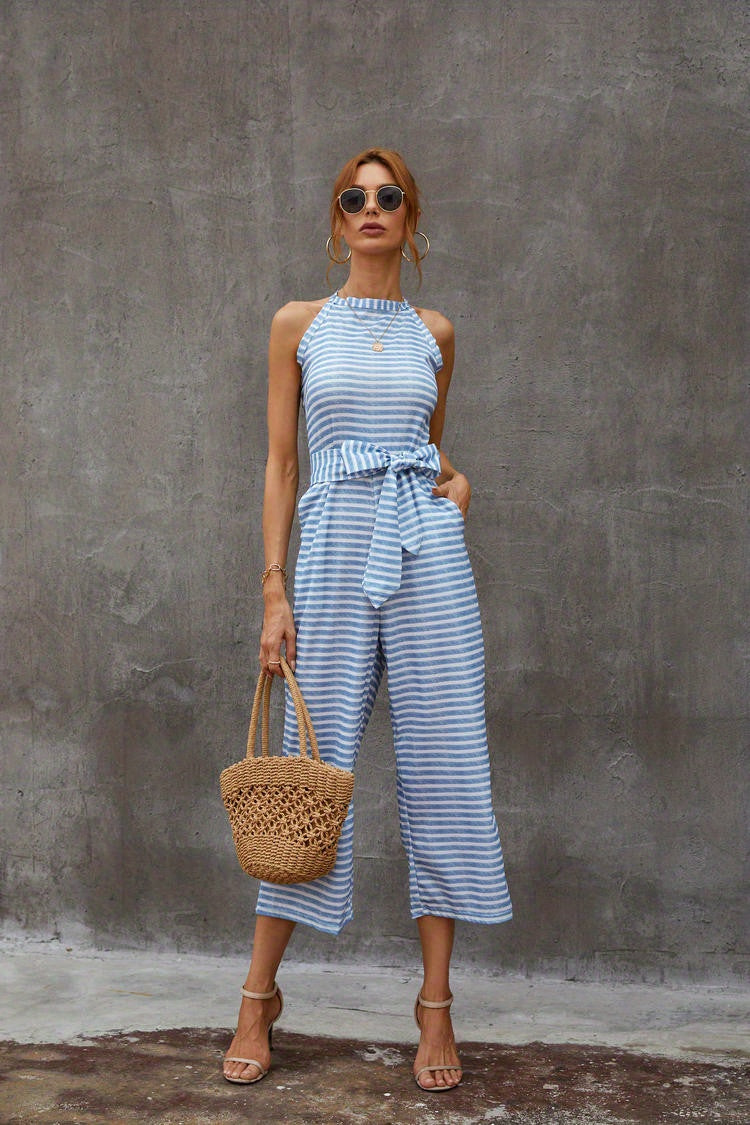 Elegant Striped Midi Jumpsuit with Tie Belt | Sleeveless Wide-Leg Design for Summer Chic | Durable & Easy-Care Knit