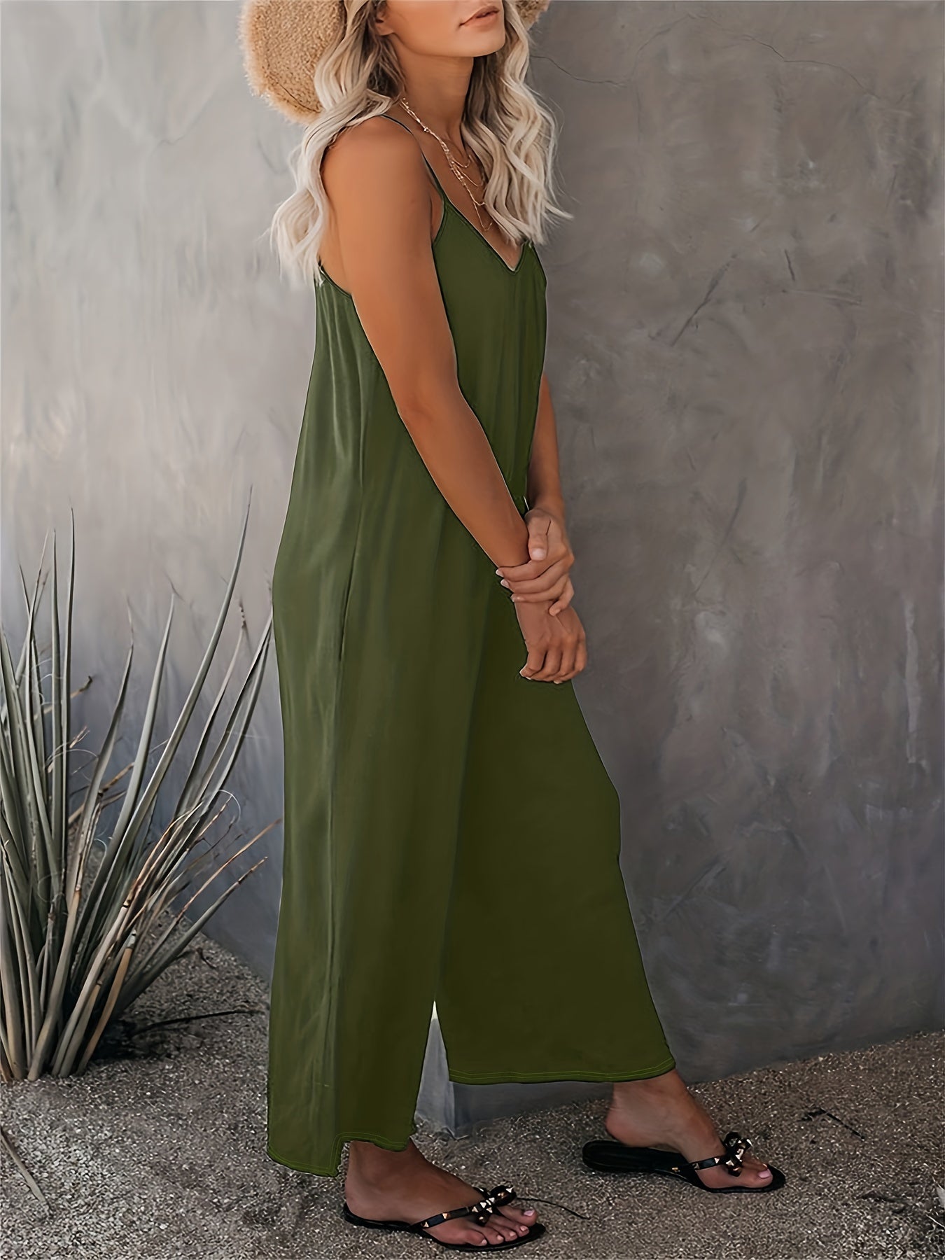 Women'S Light Blue Sleeveless Jumpsuit with Pockets - Casual Polyester Knit Fabric, V-Neck, Summer 2023, Beach Coverup, Beach Coverup Jumpsuit | Casual Style Jumpsuit | Knit Construction