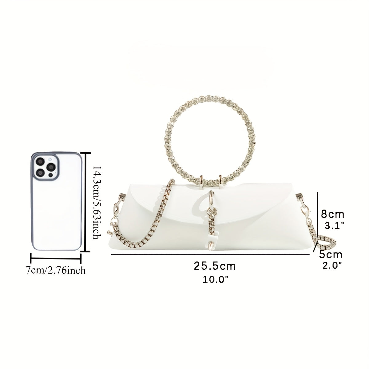 Women's Luxury Designer Clutch Handbag with Detachable Chain Strap & Closure - Synthetic Leather Rhinestone-Adorned White/Black/Green Evening Bag, Golden-Tone Hardware, Elegant Large Statement Purse for Parties, Weddin