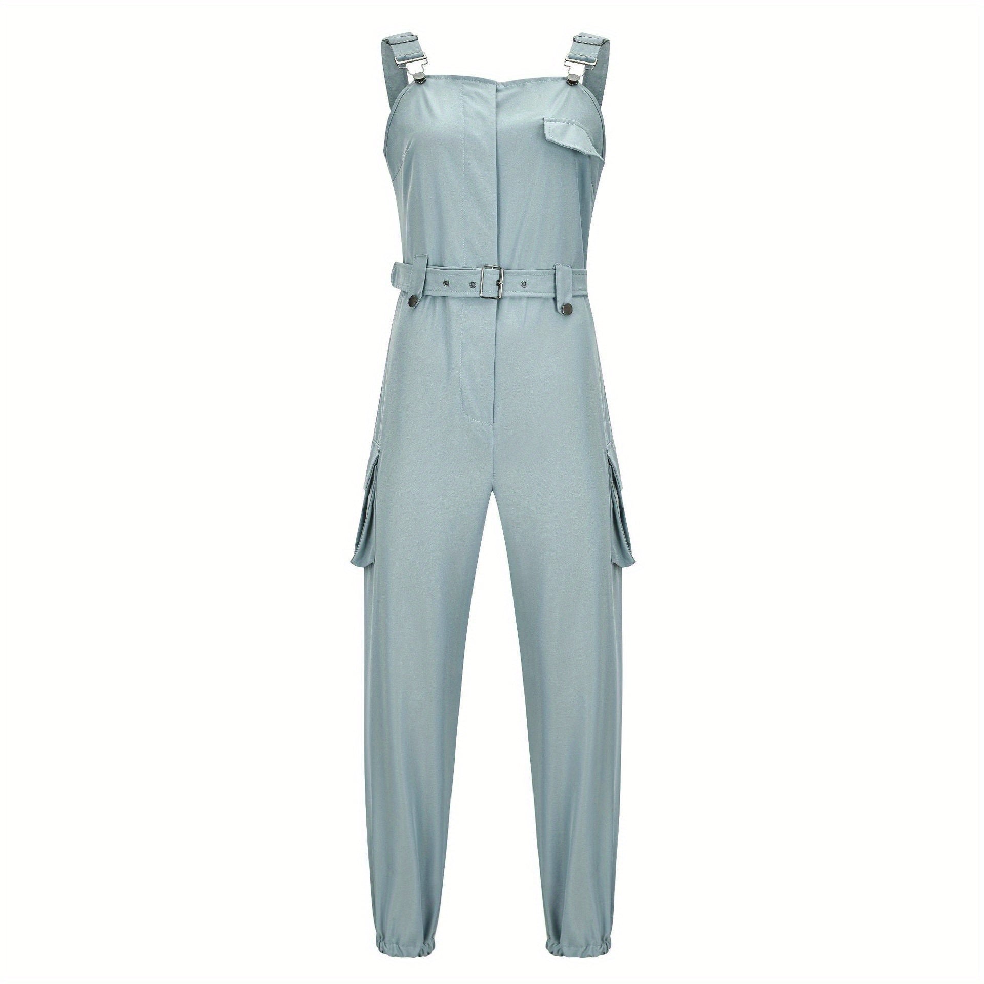 Flap Pockets Belted Overall Jumpsuit, Casual Overall Jumpsuit For Spring & Summer, Women's Clothing