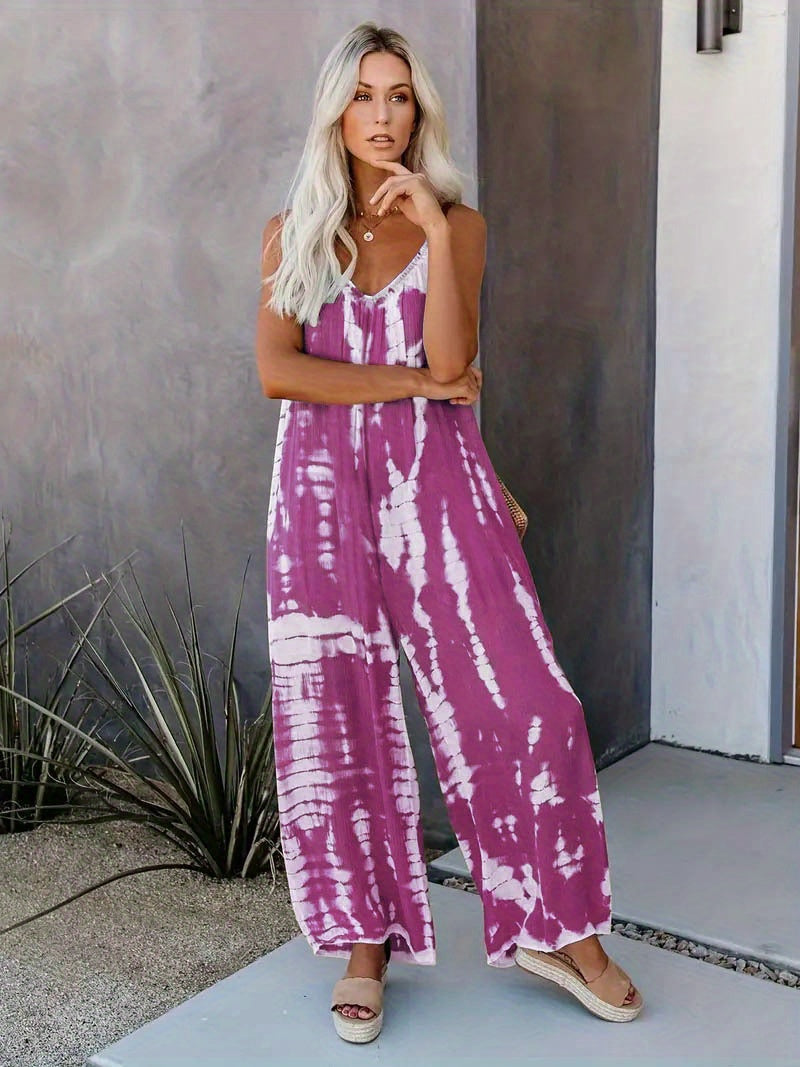 Women's Casual Tie-Dye Cami Jumpsuit - Sexy Wide Leg, Sleeveless, Vibrant Orange and Brown Print, Perfect for Spring/Summer/Fall