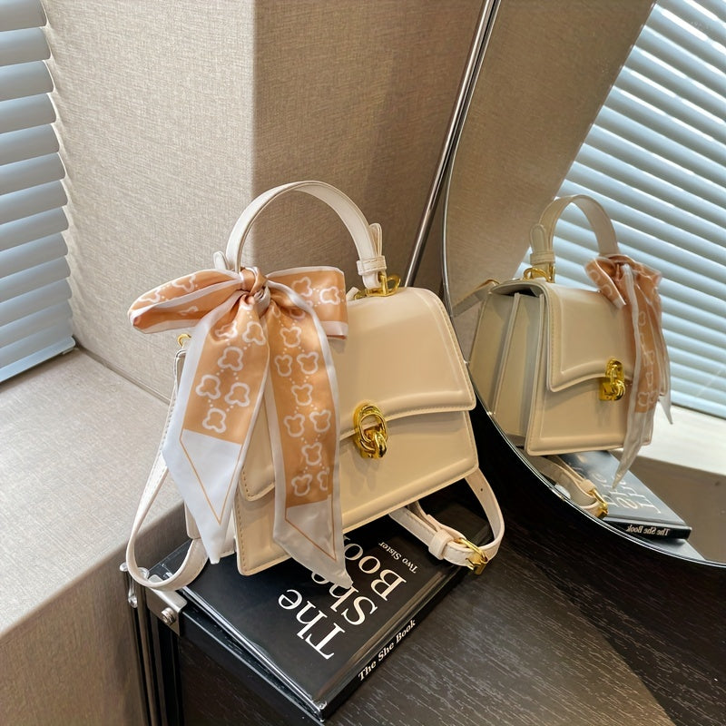 Handbag, Trendy Scarf Decor Crossbody Bag, Women's Small PU Leather Flap Purse