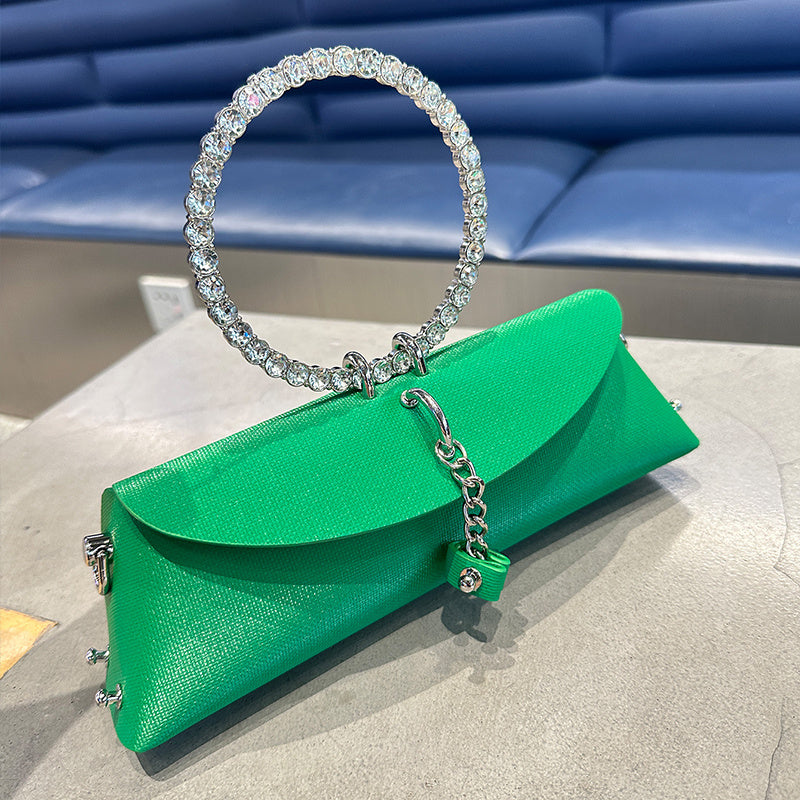 Women's Luxury Designer Clutch Handbag with Detachable Chain Strap & Closure - Synthetic Leather Rhinestone-Adorned White/Black/Green Evening Bag, Golden-Tone Hardware, Elegant Large Statement Purse for Parties, Weddin