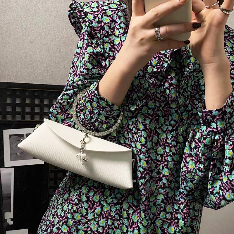 Women's Luxury Designer Clutch Handbag with Detachable Chain Strap & Closure - Synthetic Leather Rhinestone-Adorned White/Black/Green Evening Bag, Golden-Tone Hardware, Elegant Large Statement Purse for Parties, Weddin