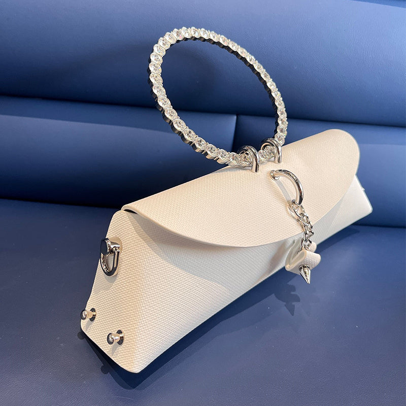 Women's Luxury Designer Clutch Handbag with Detachable Chain Strap & Closure - Synthetic Leather Rhinestone-Adorned White/Black/Green Evening Bag, Golden-Tone Hardware, Elegant Large Statement Purse for Parties, Weddin