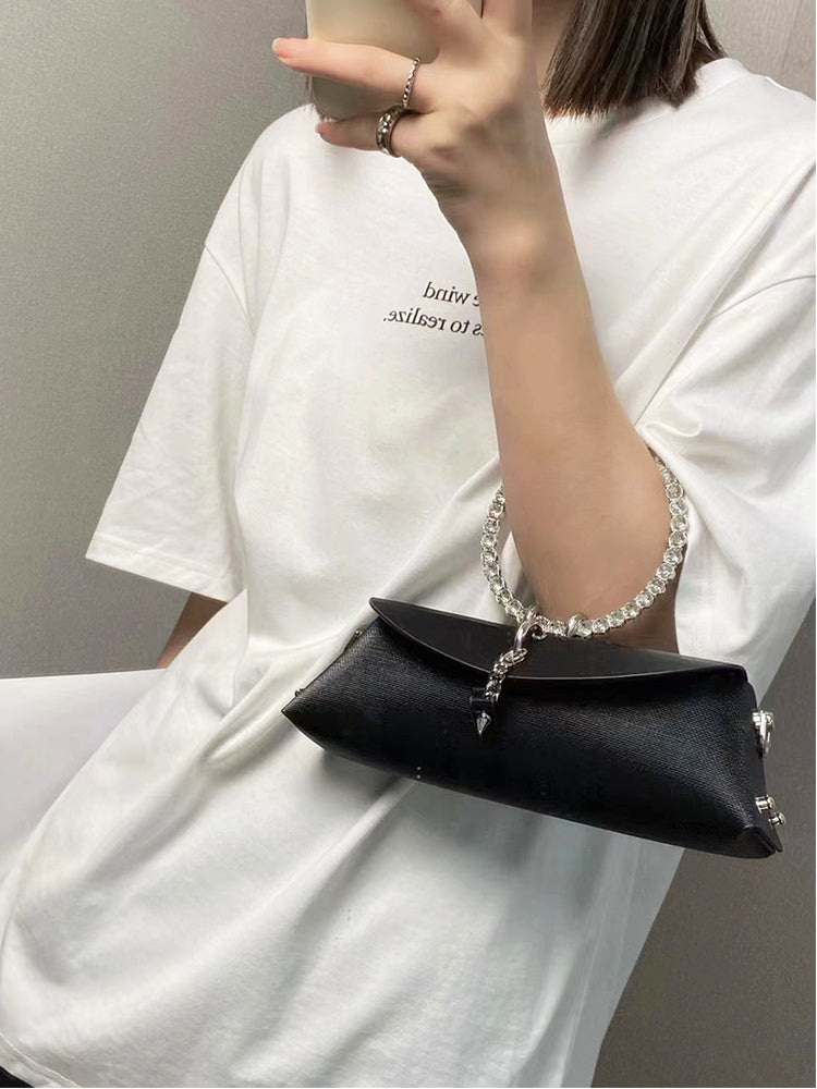 Women's Luxury Designer Clutch Handbag with Detachable Chain Strap & Closure - Synthetic Leather Rhinestone-Adorned White/Black/Green Evening Bag, Golden-Tone Hardware, Elegant Large Statement Purse for Parties, Weddin