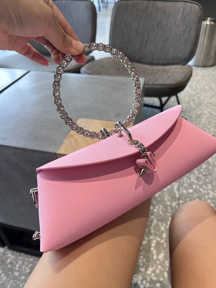 Women's Luxury Designer Clutch Handbag with Detachable Chain Strap & Closure - Synthetic Leather Rhinestone-Adorned White/Black/Green Evening Bag, Golden-Tone Hardware, Elegant Large Statement Purse for Parties, Weddin