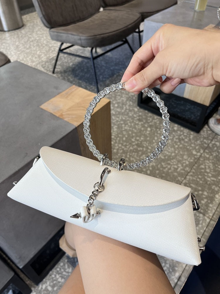 Women's Luxury Designer Clutch Handbag with Detachable Chain Strap & Closure - Synthetic Leather Rhinestone-Adorned White/Black/Green Evening Bag, Golden-Tone Hardware, Elegant Large Statement Purse for Parties, Weddin