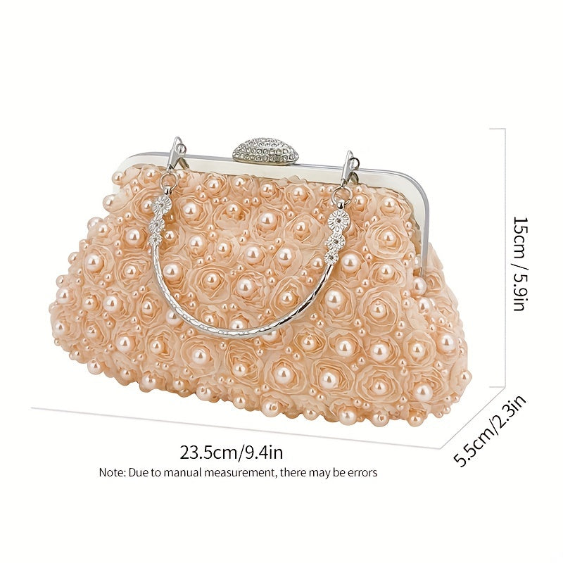 Luxurious Faux Pearl Evening Clutch Bag - 3D Flower Embellished, Top Ring Design, Wedding Bridal Prom Banquet Purse with Elegant Look and Compact Size
