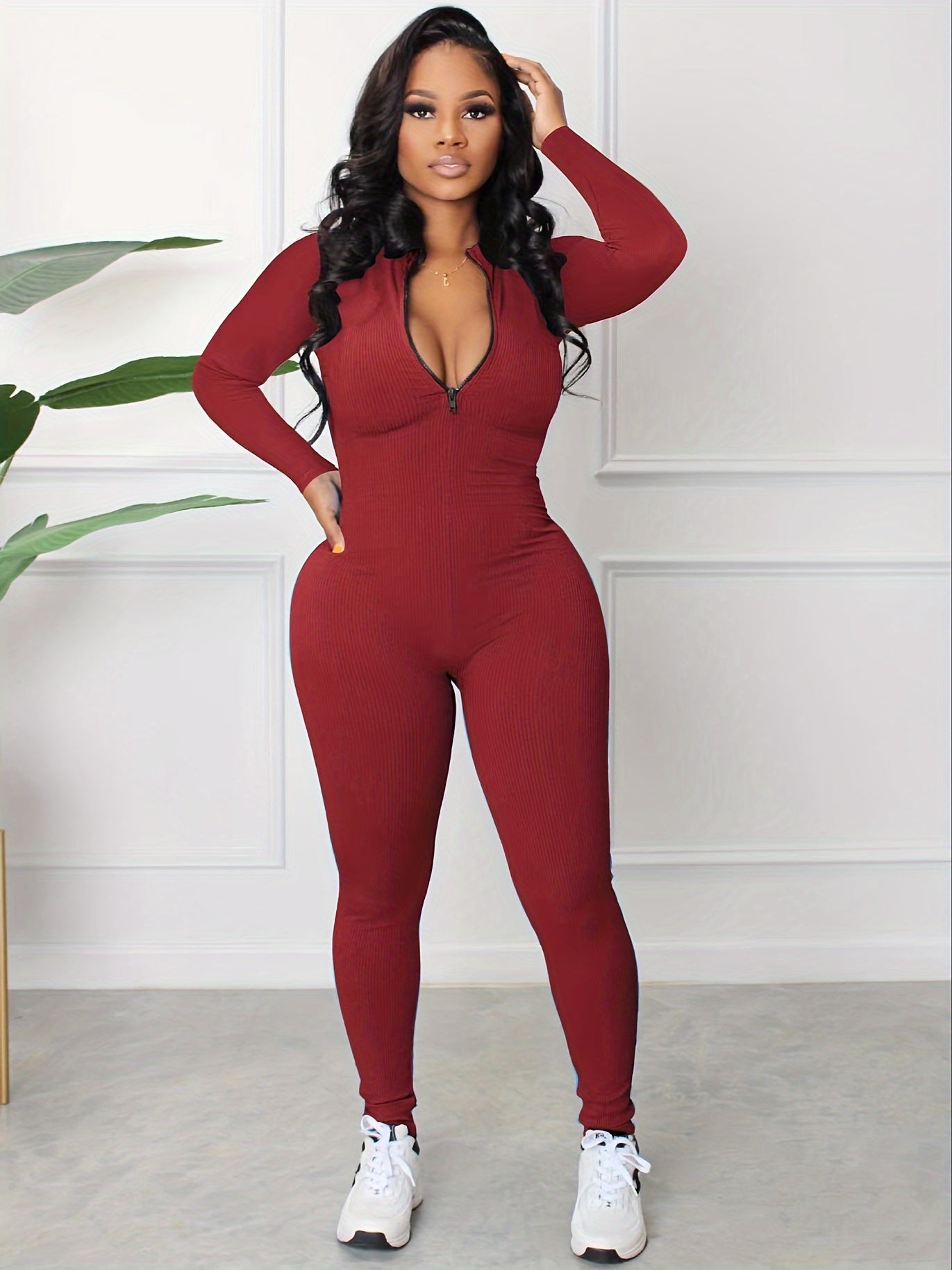 Women's Zip-Front Slim Jumpsuit - Cozy, Stretchy & Chic - Perfect for Spring/Fall