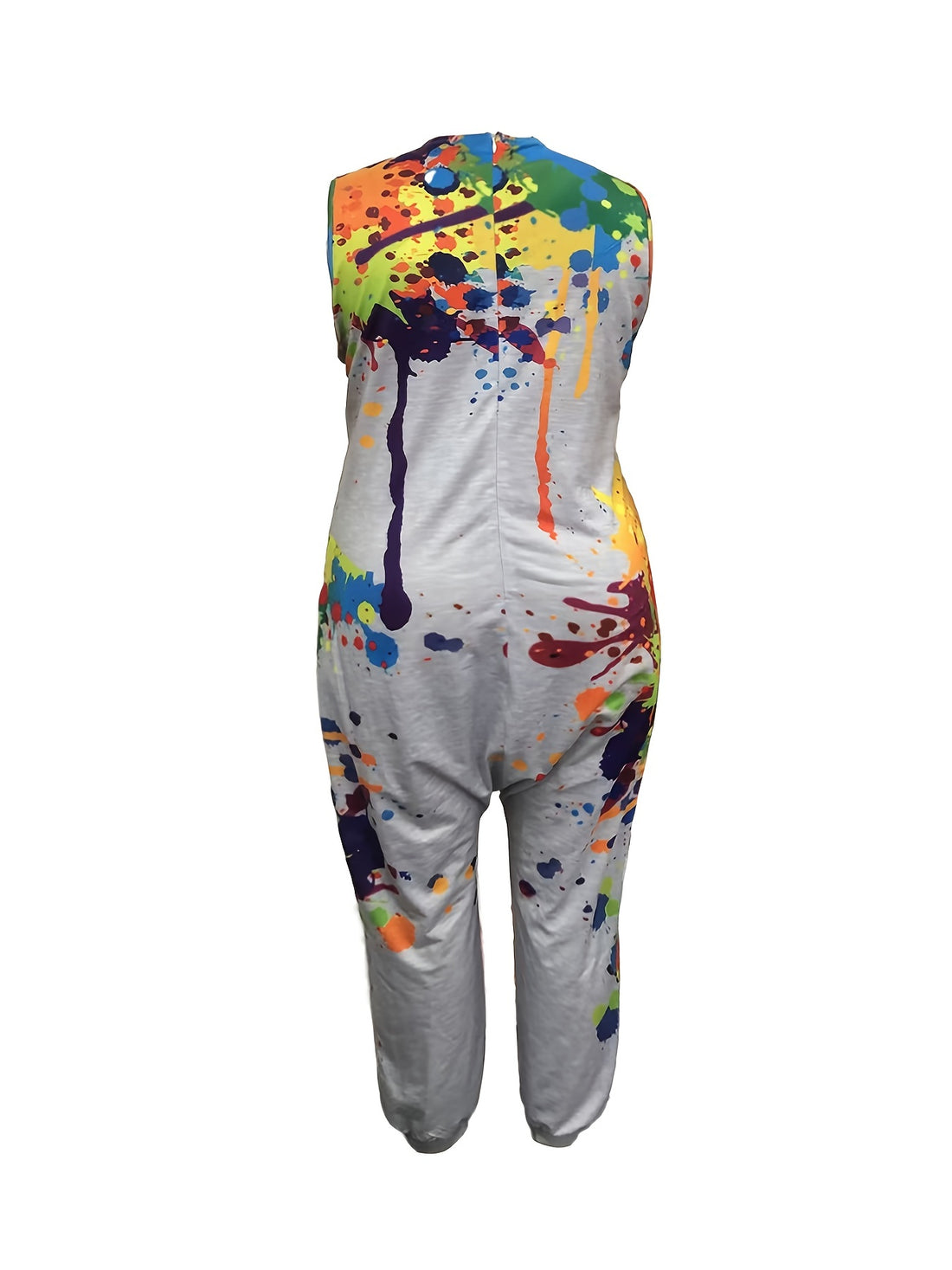 Women's Plus Size Splatter Print Jumpsuit with V-Neck and Convenient Pockets