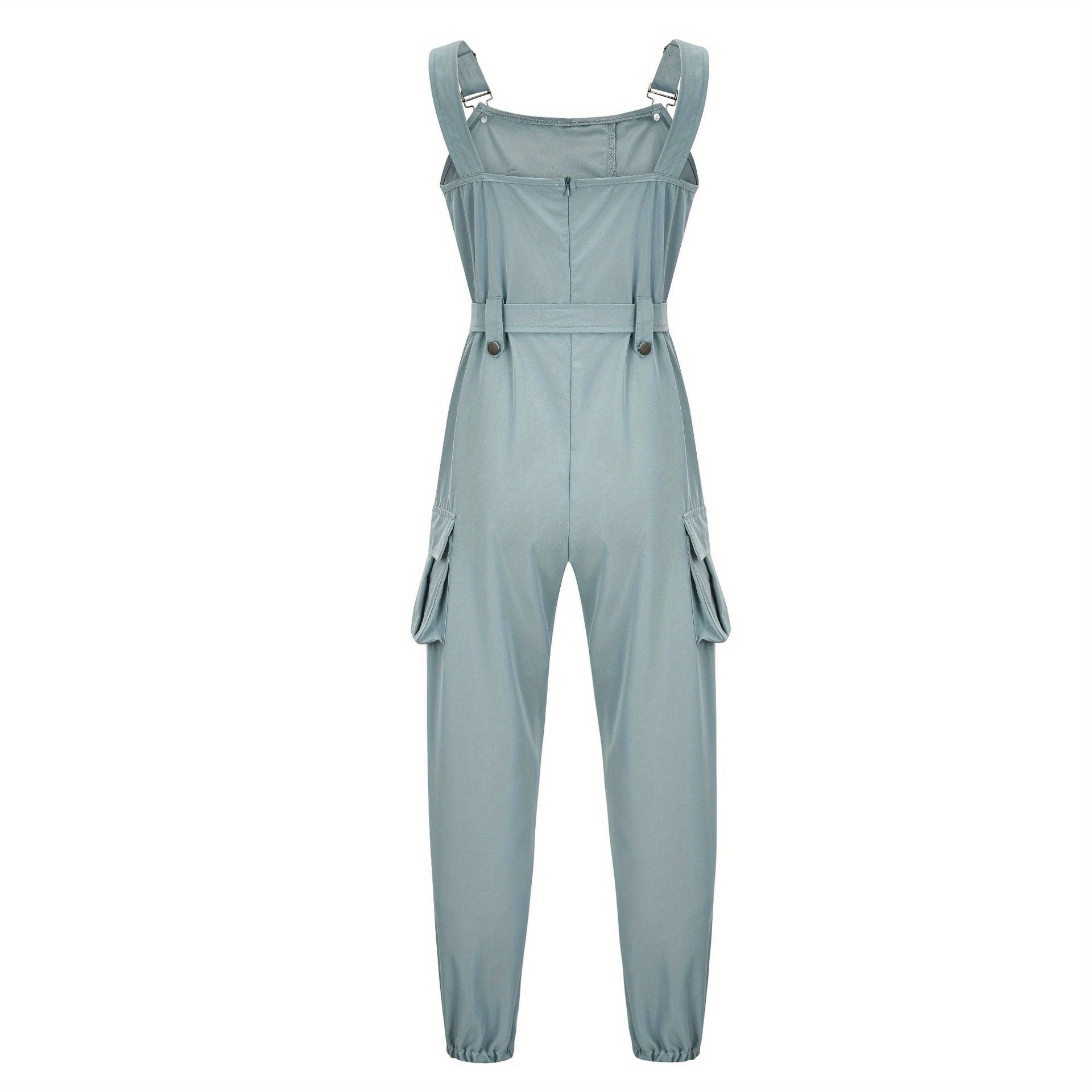 Flap Pockets Belted Overall Jumpsuit, Casual Overall Jumpsuit For Spring & Summer, Women's Clothing