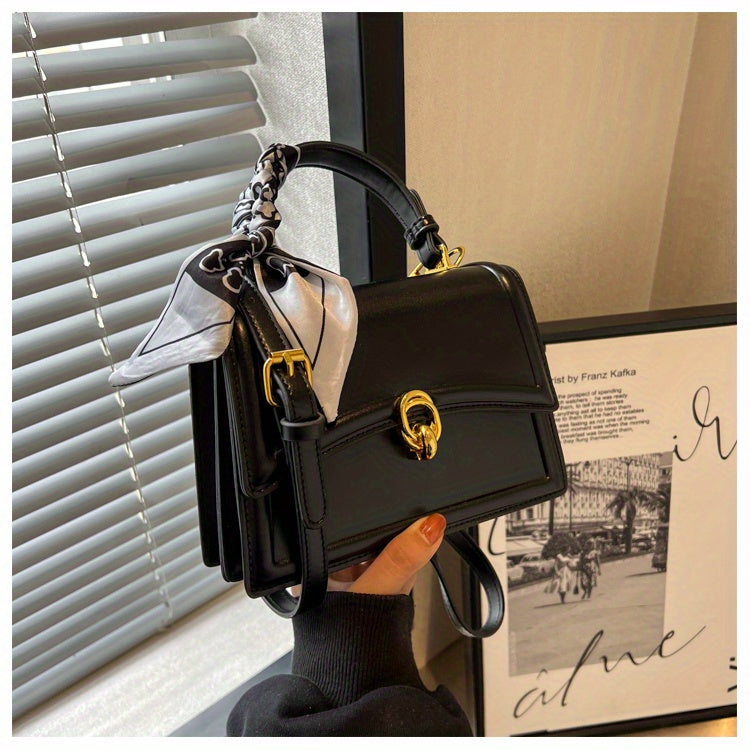 Handbag, Trendy Scarf Decor Crossbody Bag, Women's Small PU Leather Flap Purse