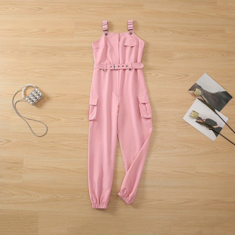 Flap Pockets Belted Overall Jumpsuit, Casual Overall Jumpsuit For Spring & Summer, Women's Clothing