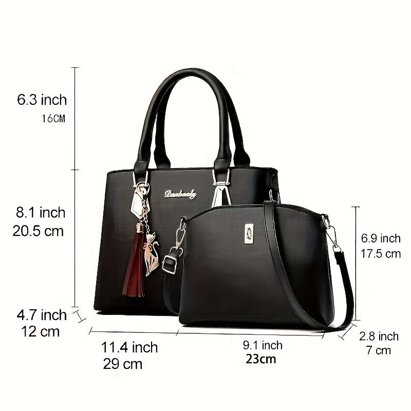 2pc Solid Color Trendy Shoulder Bag, Faux Leather Versatile Handle Handbagbag, Large Capacity Zipper Stylish Crossbody Bag