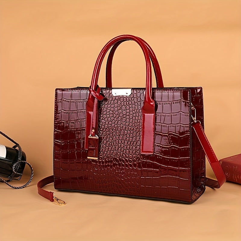 Crocodile Embossed Handbag - Women's Solid Color Shoulder Bag