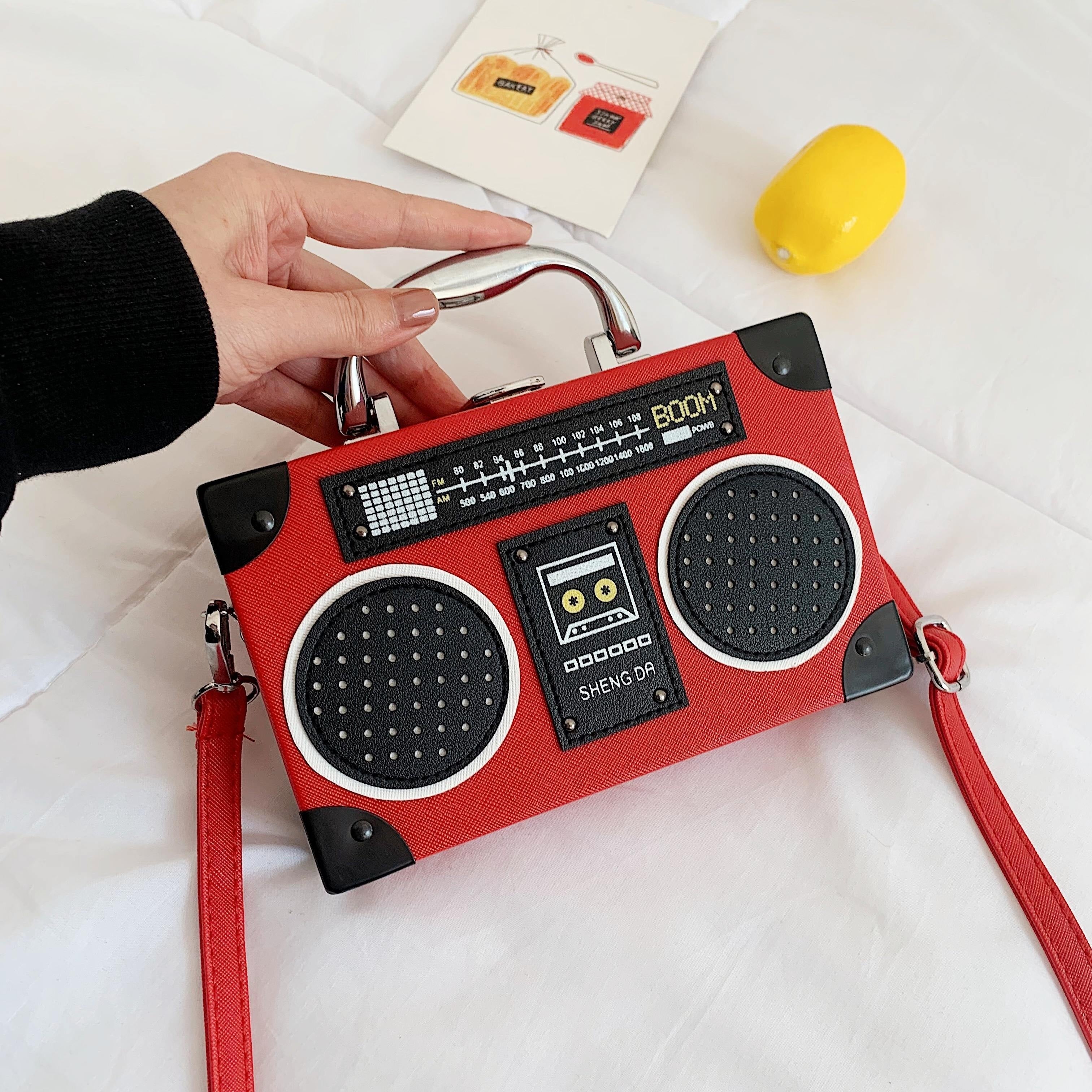 Mini Radio Box Crossbody Bag, PU Leather Textured Novelty Bag, Versatile Fashion Shoulder Bag