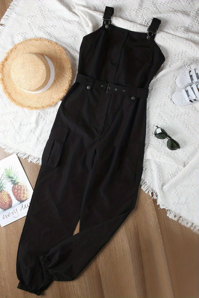 Flap Pockets Belted Overall Jumpsuit, Casual Overall Jumpsuit For Spring & Summer, Women's Clothing