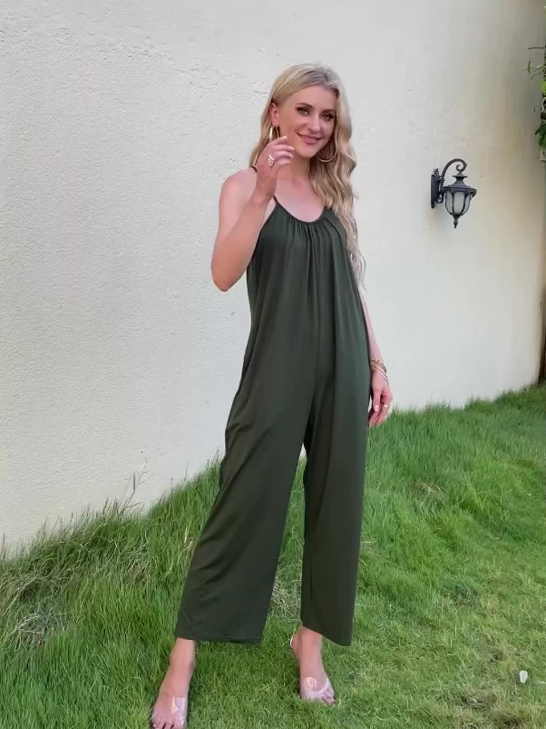 Women'S Light Blue Sleeveless Jumpsuit with Pockets - Casual Polyester Knit Fabric, V-Neck, Summer 2023, Beach Coverup, Beach Coverup Jumpsuit | Casual Style Jumpsuit | Knit Construction