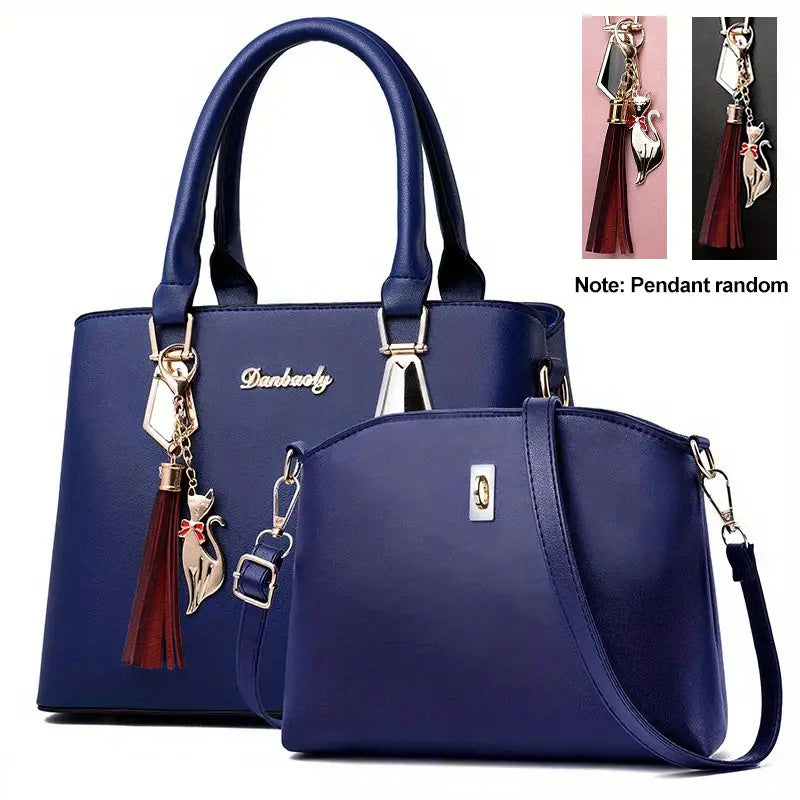 2pc Solid Color Trendy Shoulder Bag, Faux Leather Versatile Handle Handbagbag, Large Capacity Zipper Stylish Crossbody Bag