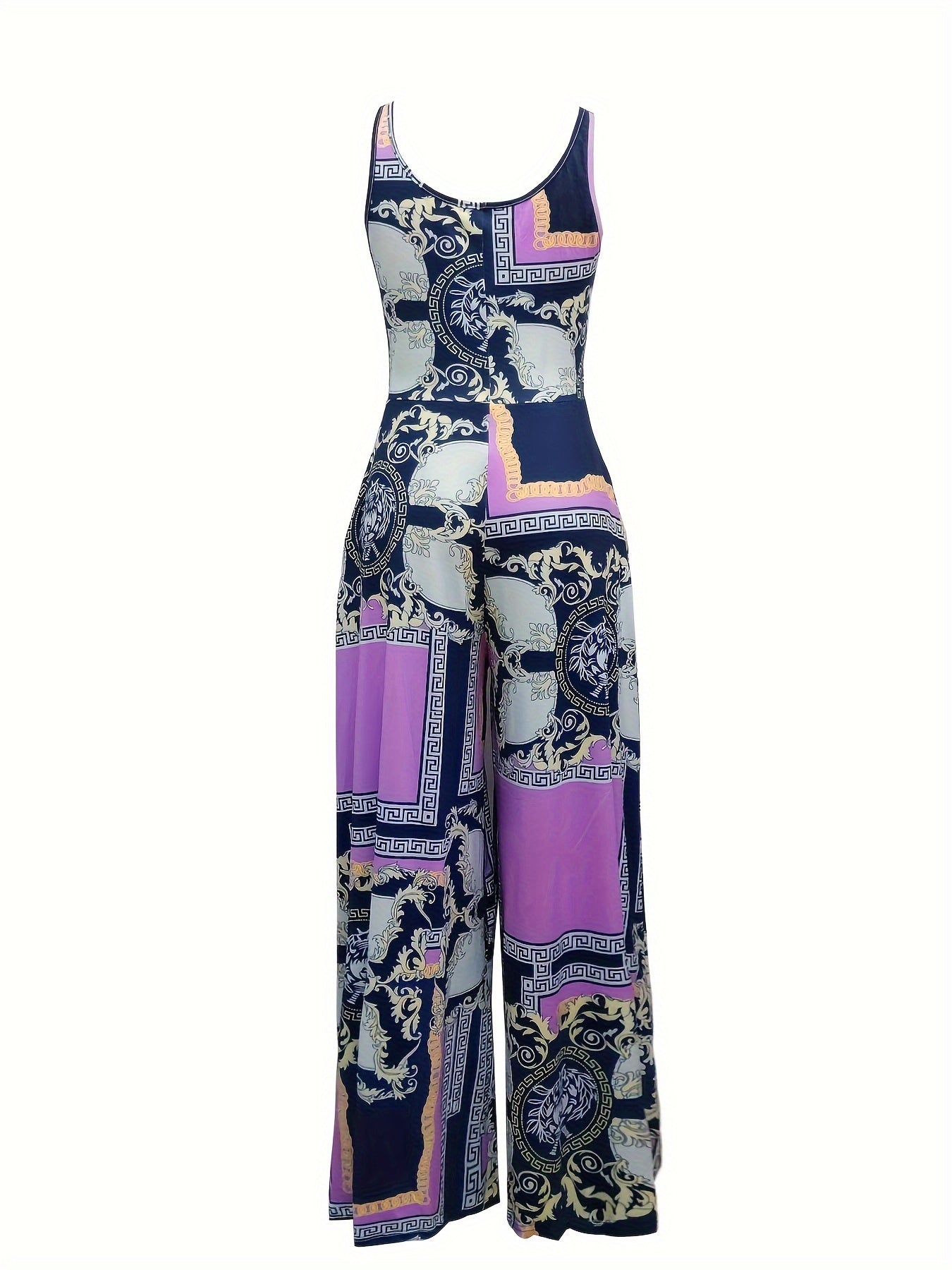 Romantic Baroque Floral Jumpsuit - Bohemian Chic Crew Neck Sleeveless - Wide Leg Womens Fashion Must-Have