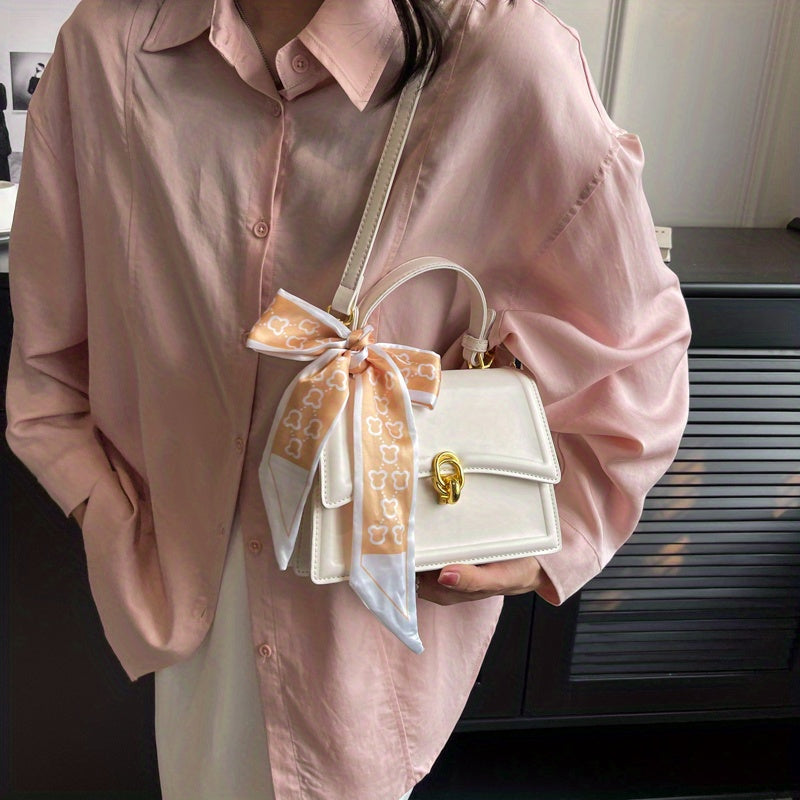 Handbag, Trendy Scarf Decor Crossbody Bag, Women's Small PU Leather Flap Purse