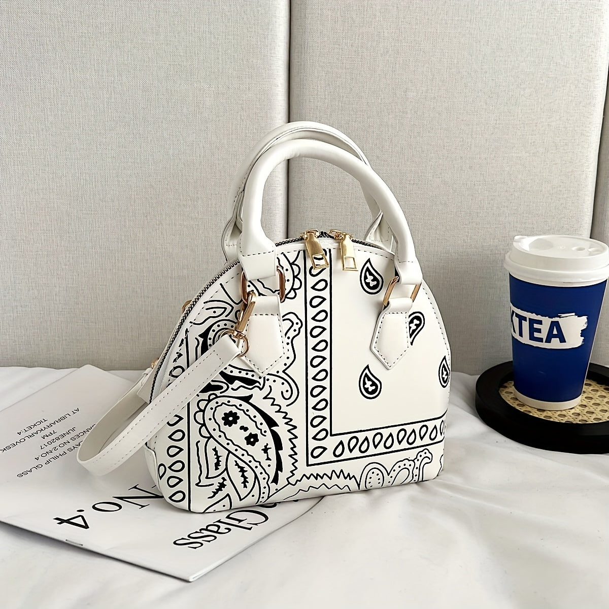 Versatile Dome Shoulder Bag, Portable Double Handle Stylish Handbag, Zipper Faux Leather Trendy Crossbody Bag
