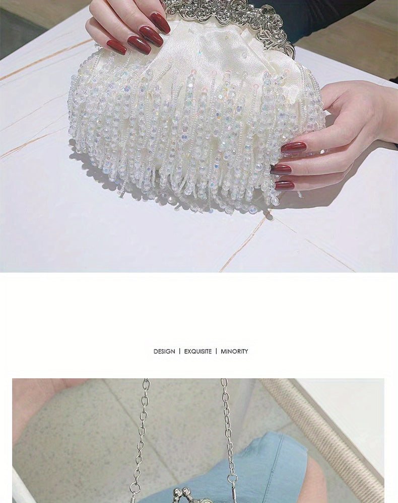 Beaded Crystal Evening Bag For Women, Tassel Decor Kiss Lock Clutch Purse, Elegant Satin Handbags For Wedding Prom Party