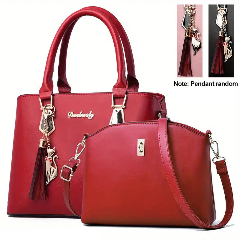 2pc Solid Color Trendy Shoulder Bag, Faux Leather Versatile Handle Handbagbag, Large Capacity Zipper Stylish Crossbody Bag