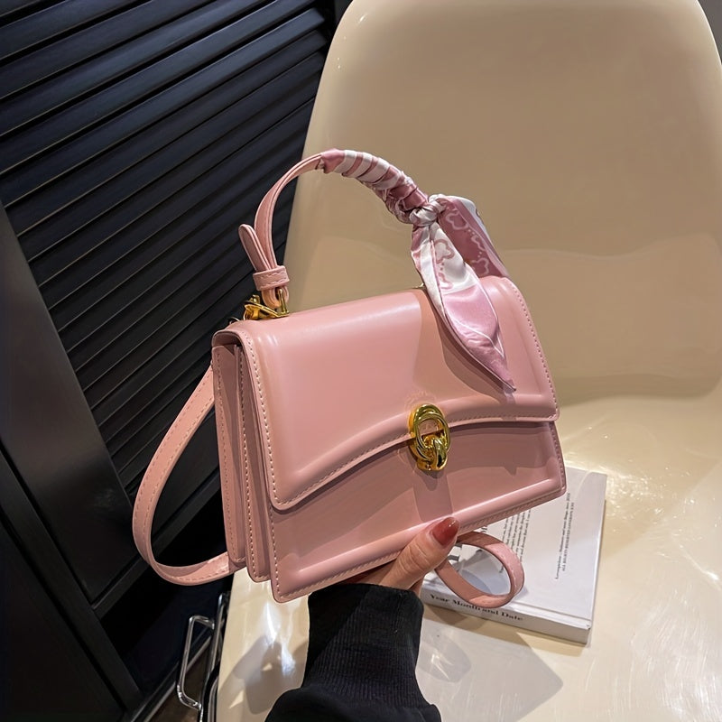 Handbag, Trendy Scarf Decor Crossbody Bag, Women's Small PU Leather Flap Purse