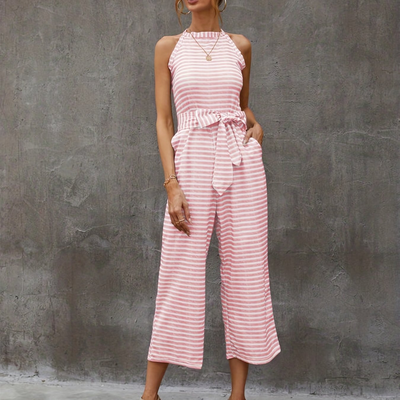 Elegant Striped Midi Jumpsuit with Tie Belt | Sleeveless Wide-Leg Design for Summer Chic | Durable & Easy-Care Knit