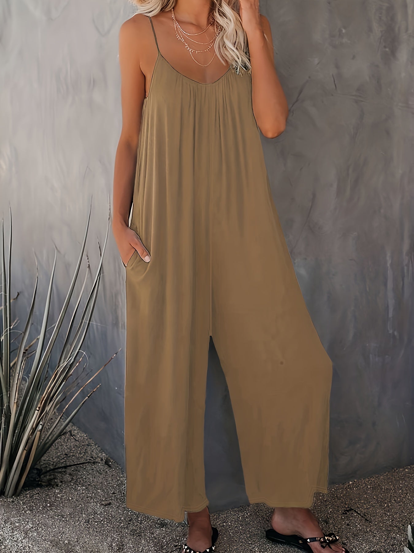 Women'S Light Blue Sleeveless Jumpsuit with Pockets - Casual Polyester Knit Fabric, V-Neck, Summer 2023, Beach Coverup, Beach Coverup Jumpsuit | Casual Style Jumpsuit | Knit Construction