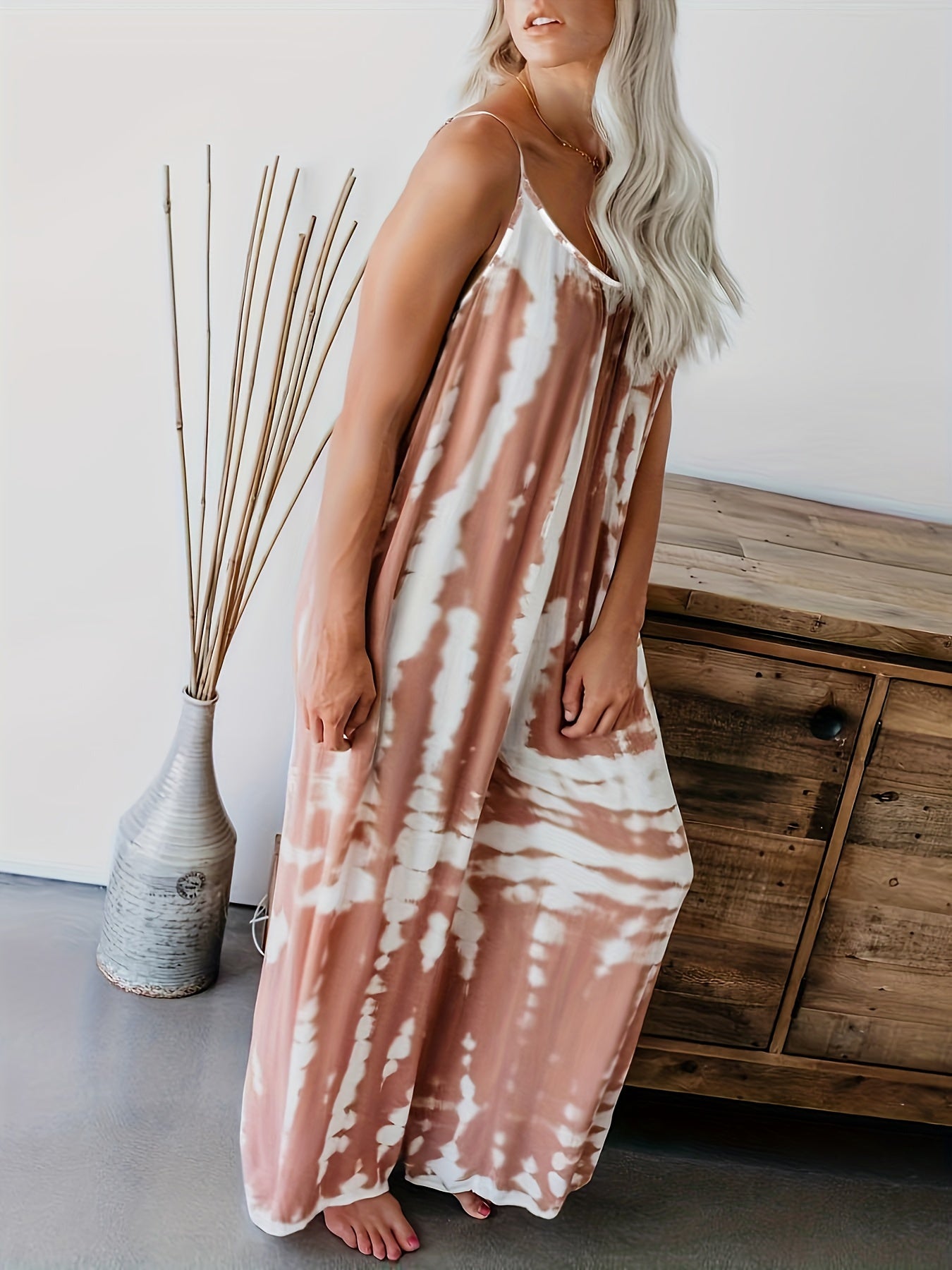Women's Casual Tie-Dye Cami Jumpsuit - Sexy Wide Leg, Sleeveless, Vibrant Orange and Brown Print, Perfect for Spring/Summer/Fall
